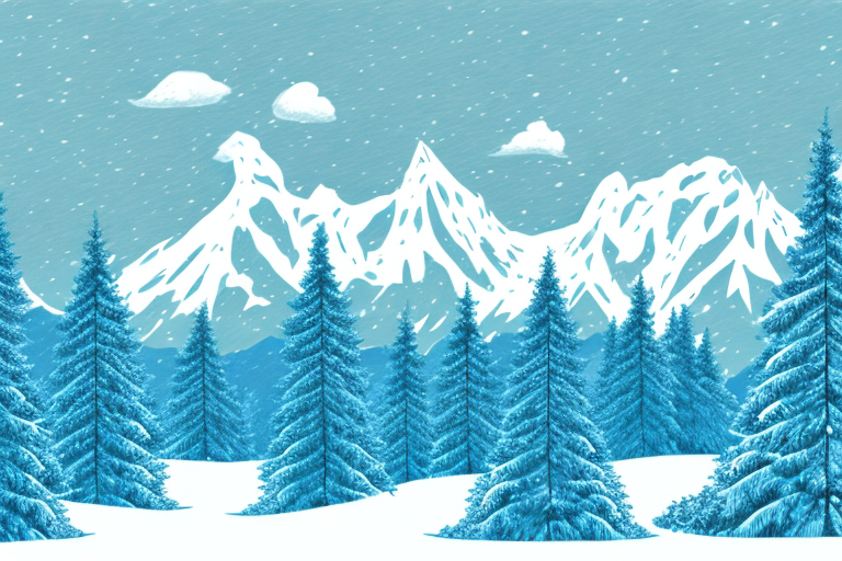 A snowy mountain landscape with trees and wildlife